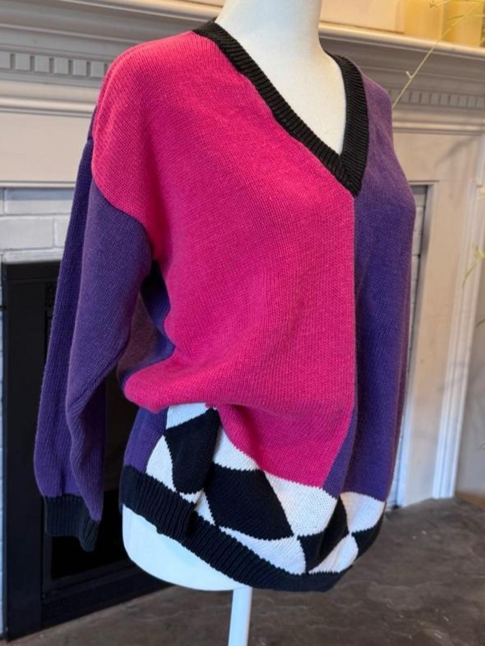Vintage EXTRA Harlequin Pink Purple Colorblock Sweater XS (roomy)